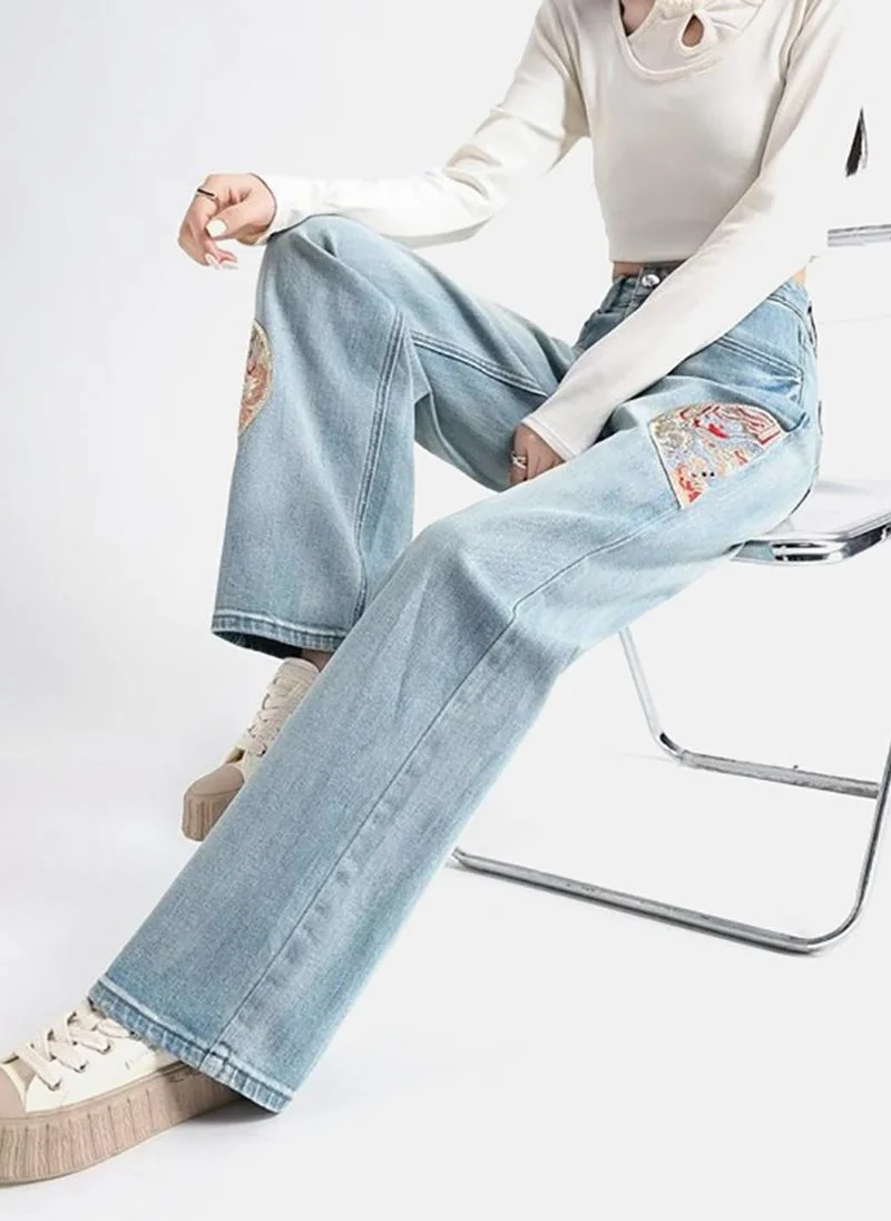 YUNIQEE Blue Embellished Mid Rise Straight Fit Straight Jeans