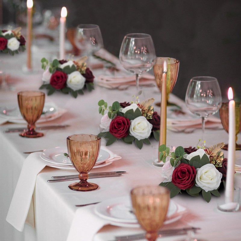 BLOSMON Artificial Flowers Ball Wedding Centerpieces 2 Pcs Burgundy Rose Artificial Flower Center Pieces Decoration for Table Silk Kissing Ball Faux Floral Bouquet Arrangements Home Party DIY Decor - Image 2