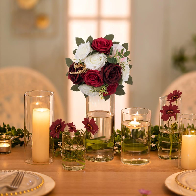 BLOSMON Artificial Flowers Ball Wedding Centerpieces 2 Pcs Burgundy Rose Artificial Flower Center Pieces Decoration for Table Silk Kissing Ball Faux Floral Bouquet Arrangements Home Party DIY Decor - Image 3
