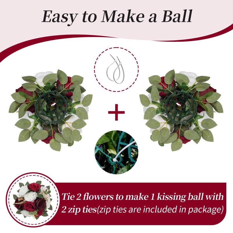 BLOSMON Artificial Flowers Ball Wedding Centerpieces 2 Pcs Burgundy Rose Artificial Flower Center Pieces Decoration for Table Silk Kissing Ball Faux Floral Bouquet Arrangements Home Party DIY Decor - Image 4