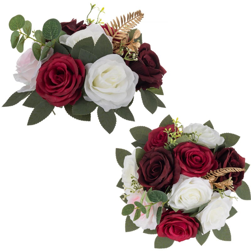 BLOSMON Artificial Flowers Ball Wedding Centerpieces 2 Pcs Burgundy Rose Artificial Flower Center Pieces Decoration for Table Silk Kissing Ball Faux Floral Bouquet Arrangements Home Party DIY Decor - Image 1