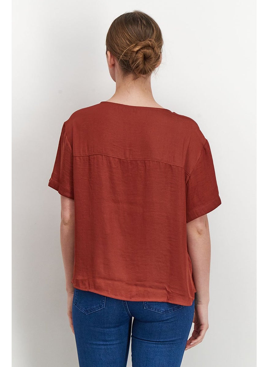 Tchibo - Women Split Neckline Short Sleeve Satin Blouse, Brown - Image 1