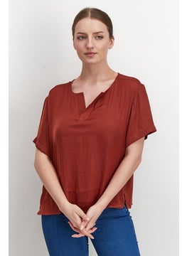 Tchibo Women Split Neckline Short Sleeve Satin Blouse, Brown  - Image 1