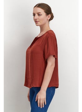 Tchibo Women Split Neckline Short Sleeve Satin Blouse, Brown  - Image 2