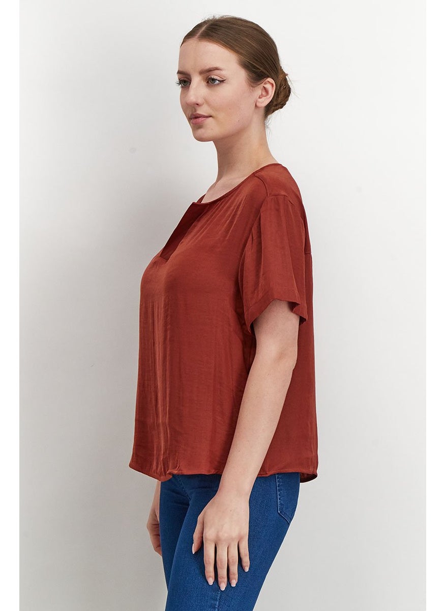 Tchibo - Women Split Neckline Short Sleeve Satin Blouse, Brown - Image 1