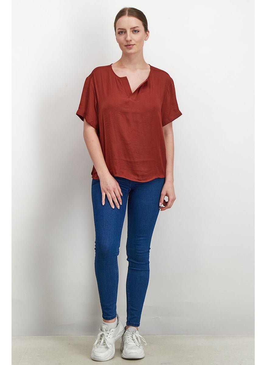 Tchibo - Women Split Neckline Short Sleeve Satin Blouse, Brown - Image 1