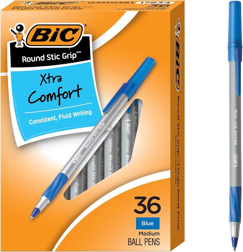 بيك قلم حبر جاف Round Stic Grip Xtra Comfort، رأس متوسط (1.2 مم)، بلون الحبر الأزرق، 36 قطعة، إمدادات بالجملة للمكاتب والفصول الدراسية - Image 1