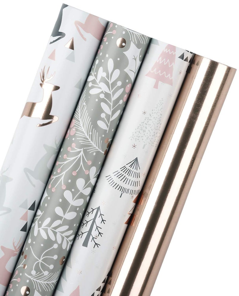 WRAPAHOLIC Christmas Wrapping Paper Roll Rose Gold and Pink Holiday Design with Metallic Foil Shine 4 Rolls 30 Inch x 120 Inch Per Roll