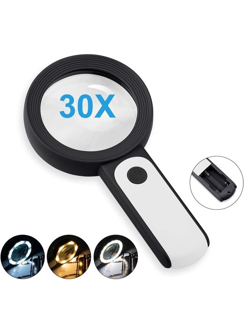 FDTY Magnifying Glass with 18 LED Lights, 30X Handheld Large Magnifying Glass with 3 Modes, Illuminated Magnifier Glass for Seniors Read, Coins, Stamps, Map, Inspection -with a Lens Cloth (Black) - Image 1