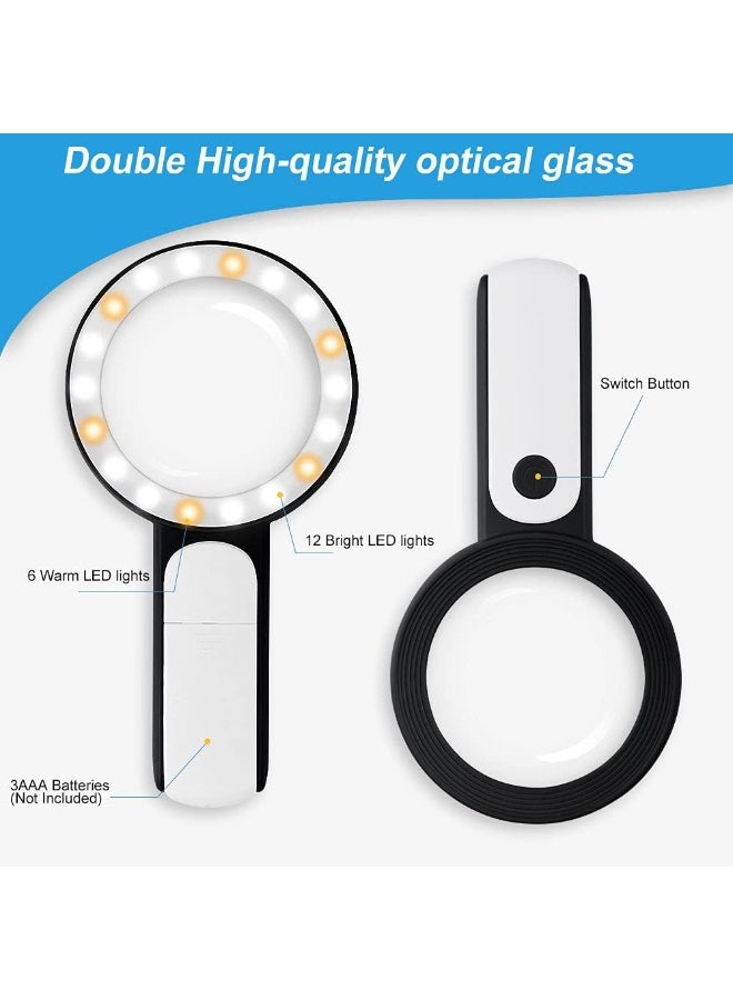 FDTY Magnifying Glass with 18 LED Lights, 30X Handheld Large Magnifying Glass with 3 Modes, Illuminated Magnifier Glass for Seniors Read, Coins, Stamps, Map, Inspection -with a Lens Cloth (Black) - Image 3