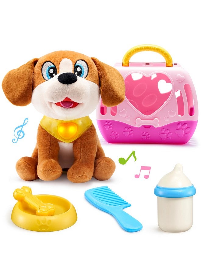 JOYIN Dog Toys for Toddlers, Play Puppy Toy with Carrier & Accessories, Plush Dog with Interactive Button, Lights & Sounds, Pet Care Set for Kids 1 2 3 4 Years Old, Birthday Gifts for Girls - Image 1