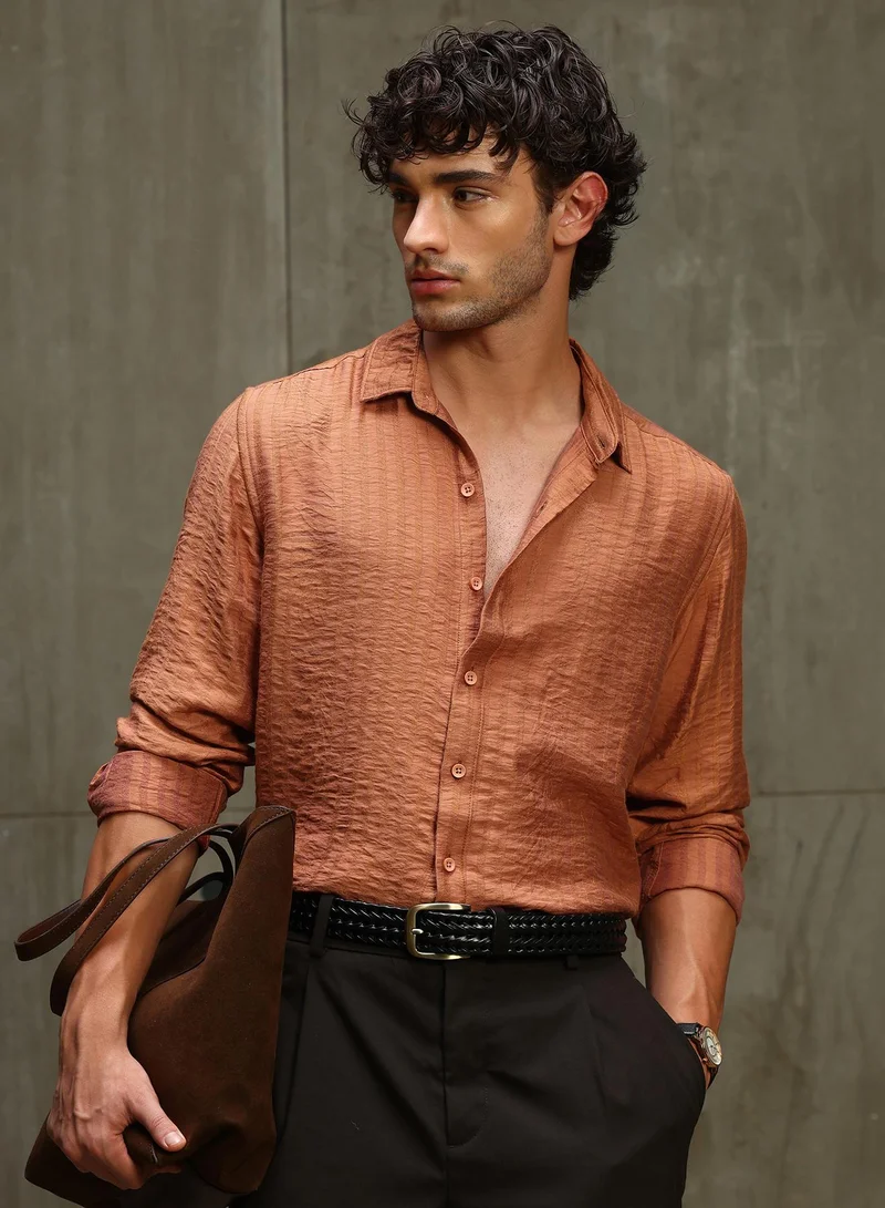 CAHOOT Men's Orange Self Design Regular Shirt For Casual Wear | Collared Neck | Long Sleeve | Button Closure | Viscose Blend Shirt Crafted With Comfort Fit For Everyday Wear