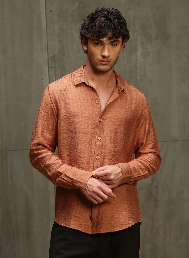 CAHOOT Men's Orange Self Design Regular Shirt For Casual Wear | Collared Neck | Long Sleeve | Button Closure | Viscose Blend Shirt Crafted With Comfort Fit For Everyday Wear