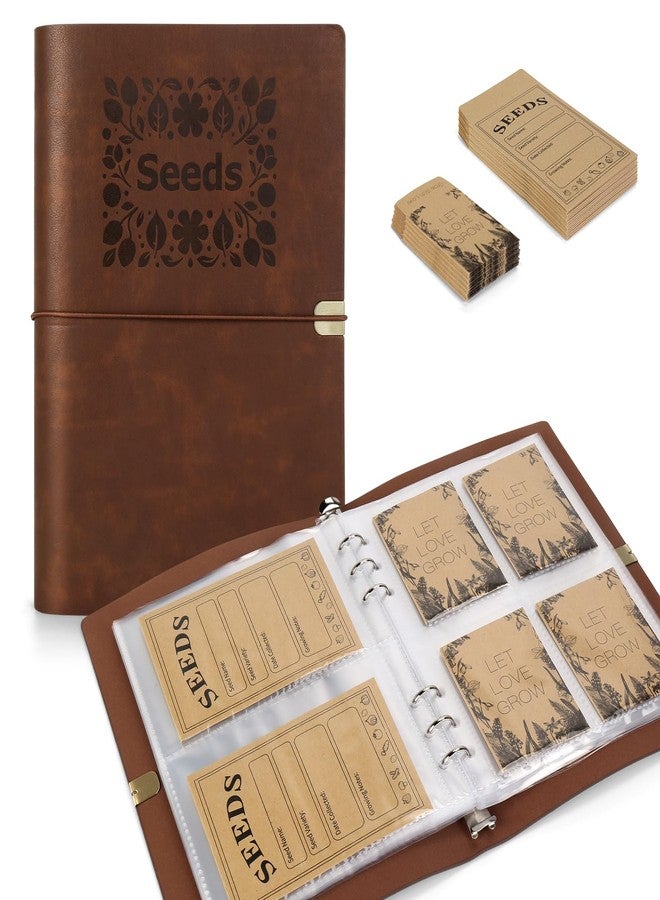 MultiOutools Seed Storage Organizer, Seed Packet Organizer Binder with 80Pcs Garden Seeds Storage Envelopes and 40 Clear Pocket Sheet Protectors for Protecting Vegetable Seeds (Brown, 9.1 x 6.5inch) - Image 1