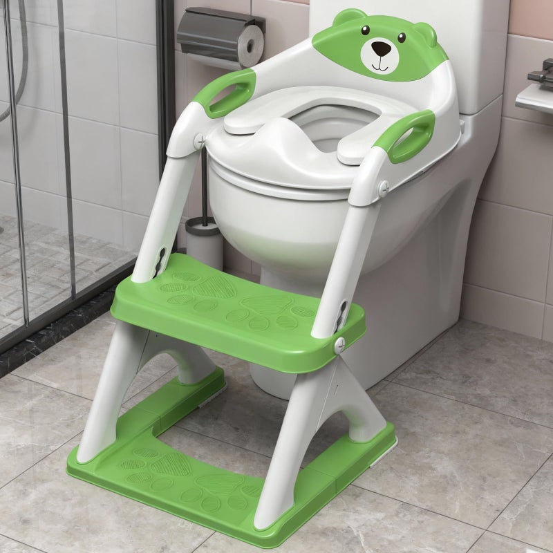 SKYROKU Potty Training Seat for Toddlers â€“ 2-in-1 Adjustable potty ladder with Step Stool, Anti-Slip Cushion, Splash Guard & Extra-Wide Pedals, Supports 200+ lbs, Ideal for Boys & Girls (8899-Green) - Image 1