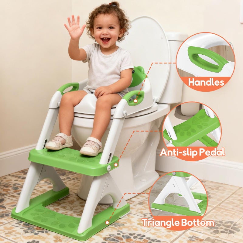 SKYROKU Potty Training Seat for Toddlers â€“ 2-in-1 Adjustable potty ladder with Step Stool, Anti-Slip Cushion, Splash Guard & Extra-Wide Pedals, Supports 200+ lbs, Ideal for Boys & Girls (8899-Green) - Image 2