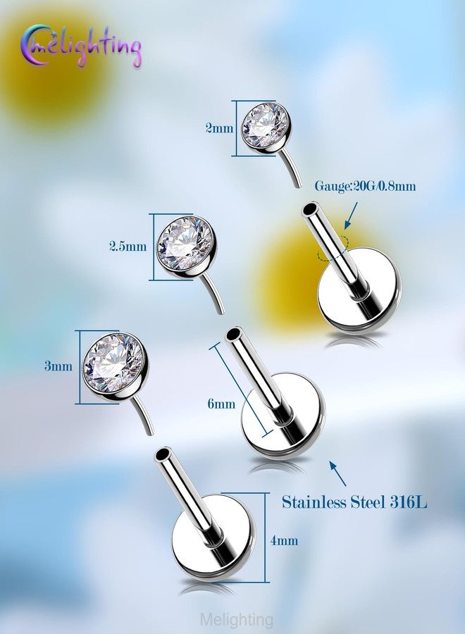 Melighting 3PCS 20G Threadless Push in Nose Studs, Nose Rings Set Stainless Steel 316L Clear 2/2.5/3 mm CZ, 6 mm Flat Back Earring, Helix Cartilage Lobe Labret Tragus Piercing Jewerly for Women - Image 3