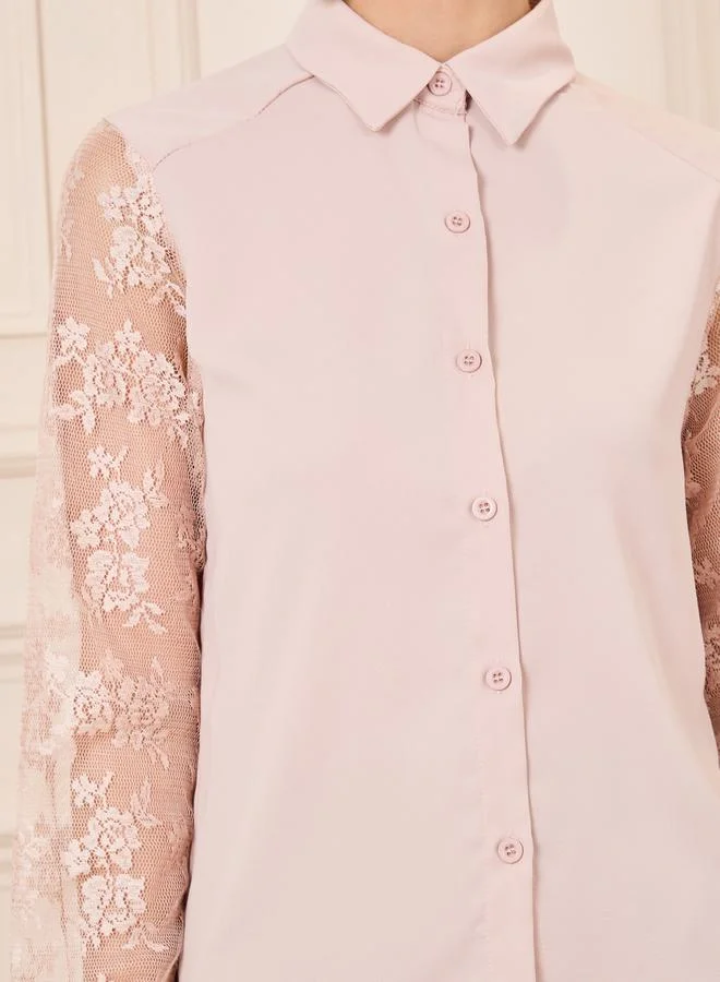 Styli Floral Mesh Sleeve Button Down Shirt