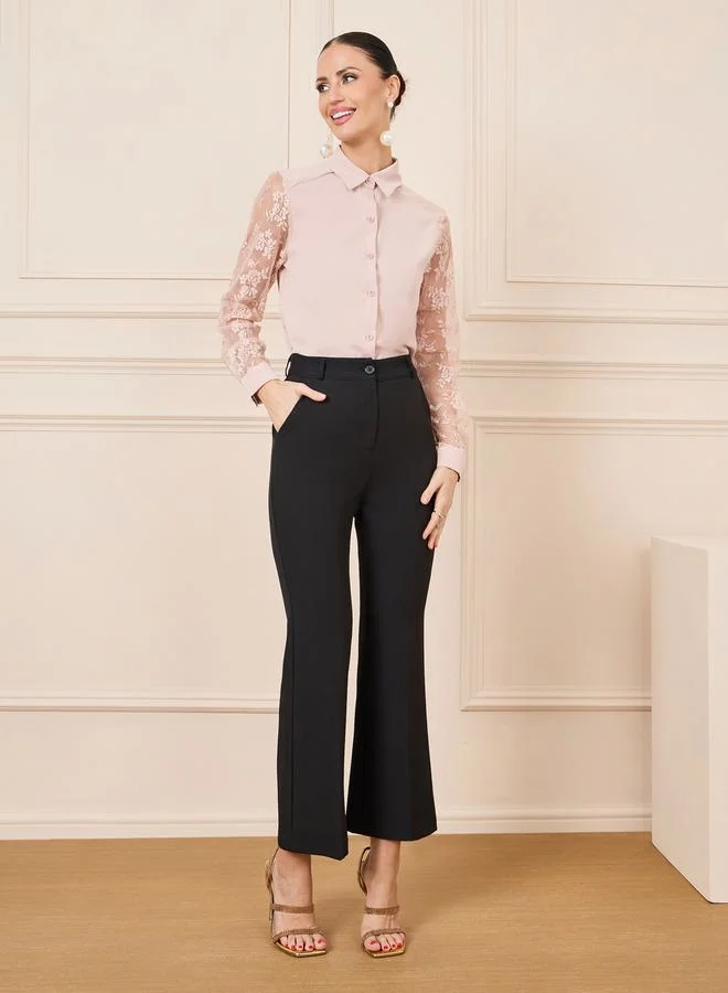 Styli Floral Mesh Sleeve Button Down Shirt