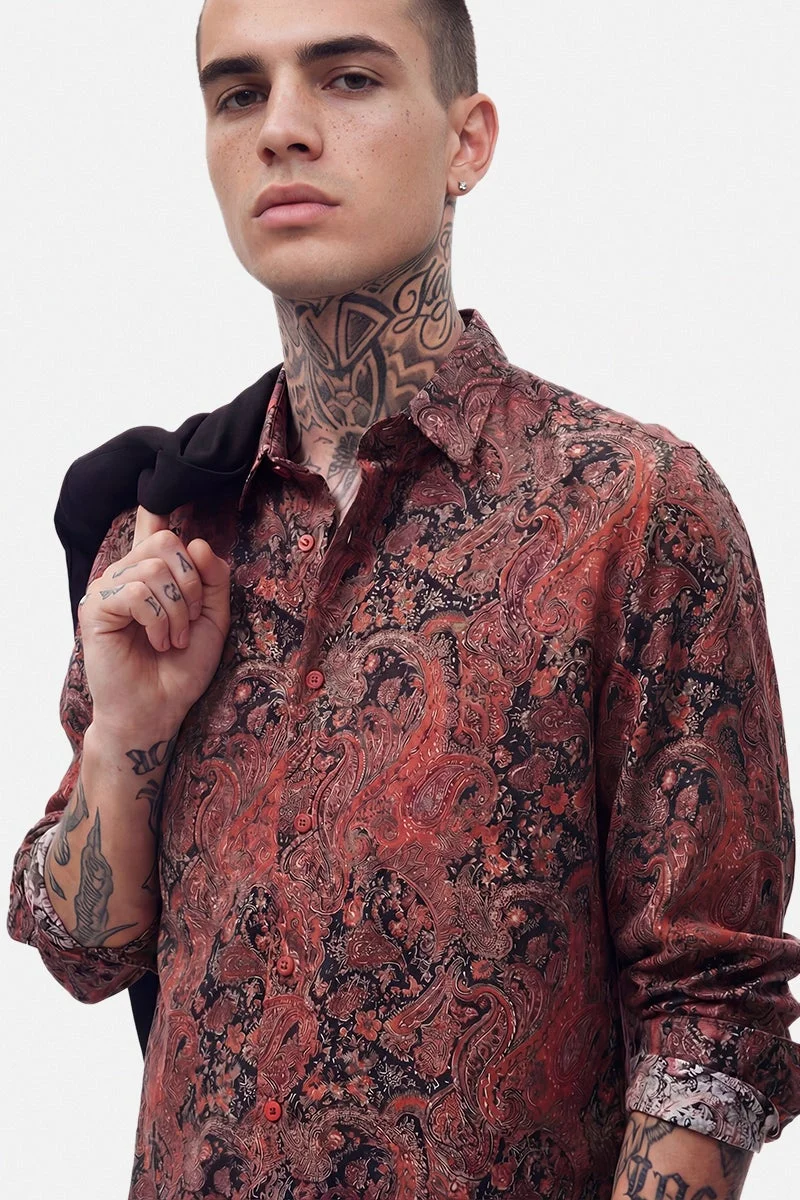 SNITCH Rust Abstract Long Sleeve Slim Fit Casual Shirt