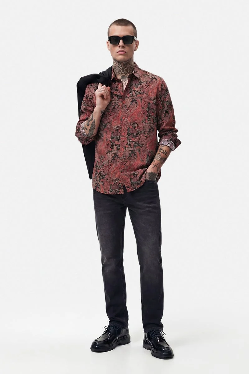 SNITCH Rust Abstract Long Sleeve Slim Fit Casual Shirt