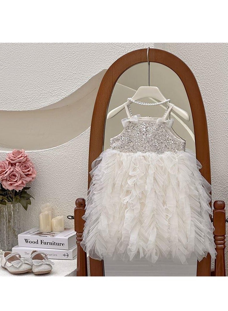 Ivory Princess Dress with Sparkling Sequin Bodice, Layered Petal-Edge Tulle Skirt & Satin Back Bow for Girls 2–3 Y (90–100 cm, 12–15 kg), Polyester Party Outfit for Birthdays, Weddings, Photoshoots & Summer Playdates  - Image 3