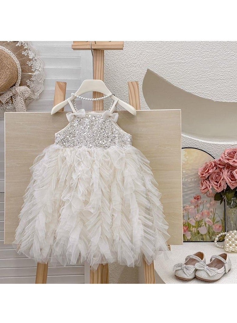Ivory Princess Dress with Sparkling Sequin Bodice, Layered Petal-Edge Tulle Skirt & Satin Back Bow for Girls 2–3 Y (90–100 cm, 12–15 kg), Polyester Party Outfit for Birthdays, Weddings, Photoshoots & Summer Playdates  - Image 1