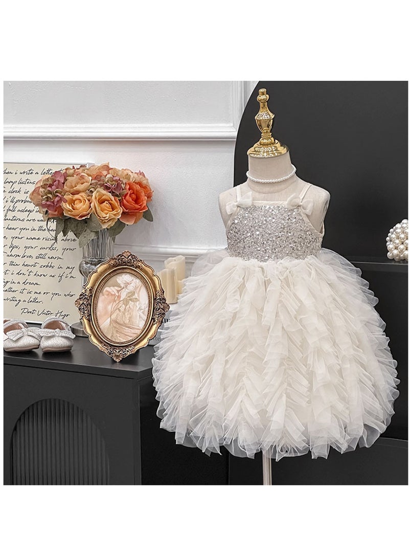 Ivory Princess Dress with Sparkling Sequin Bodice, Layered Petal-Edge Tulle Skirt & Satin Back Bow for Girls 2–3 Y (90–100 cm, 12–15 kg), Polyester Party Outfit for Birthdays, Weddings, Photoshoots & Summer Playdates  - Image 4