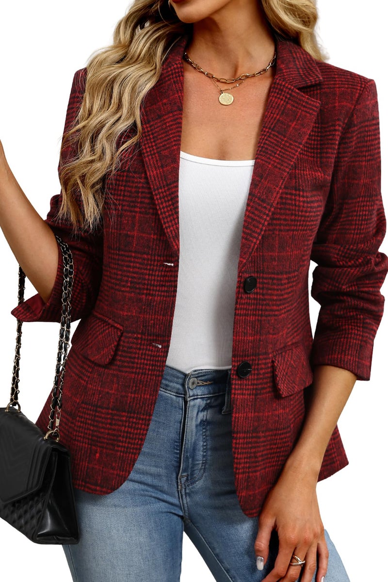 ELLEVEN Womens Casual Plaid Blazer Lapel Collar Double Button Long Sleeve Boyfriend Blazer Suit Houndstooth Plaid Blazer Jacket Business Work Office Blazer Suits Red Plaid XX-Large - Image 1