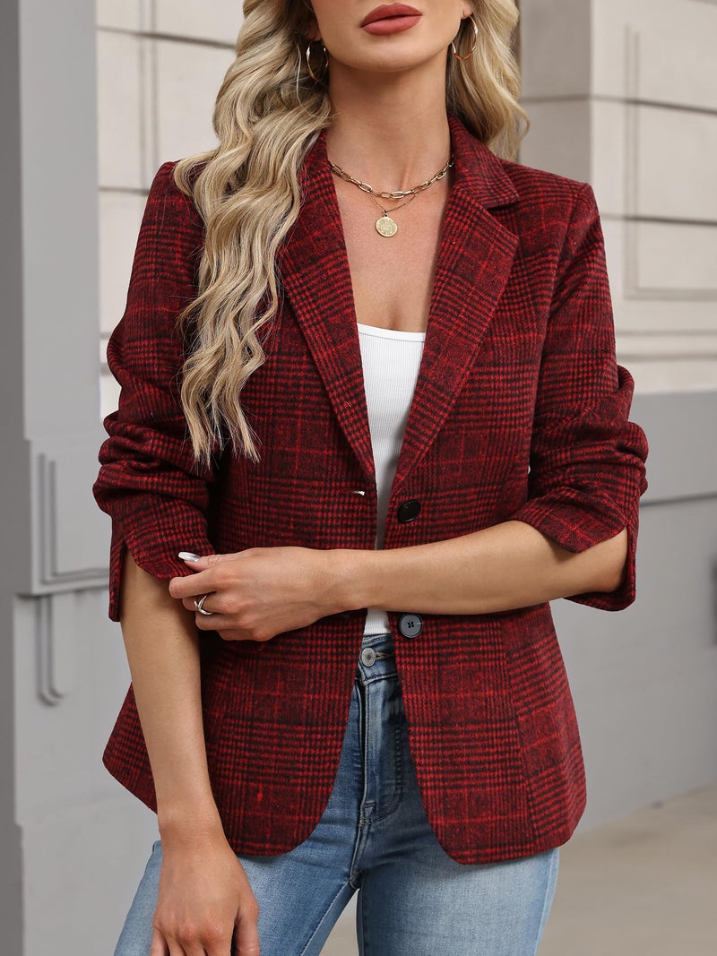 ELLEVEN Womens Casual Plaid Blazer Lapel Collar Double Button Long Sleeve Boyfriend Blazer Suit Houndstooth Plaid Blazer Jacket Business Work Office Blazer Suits Red Plaid XX-Large - Image 3