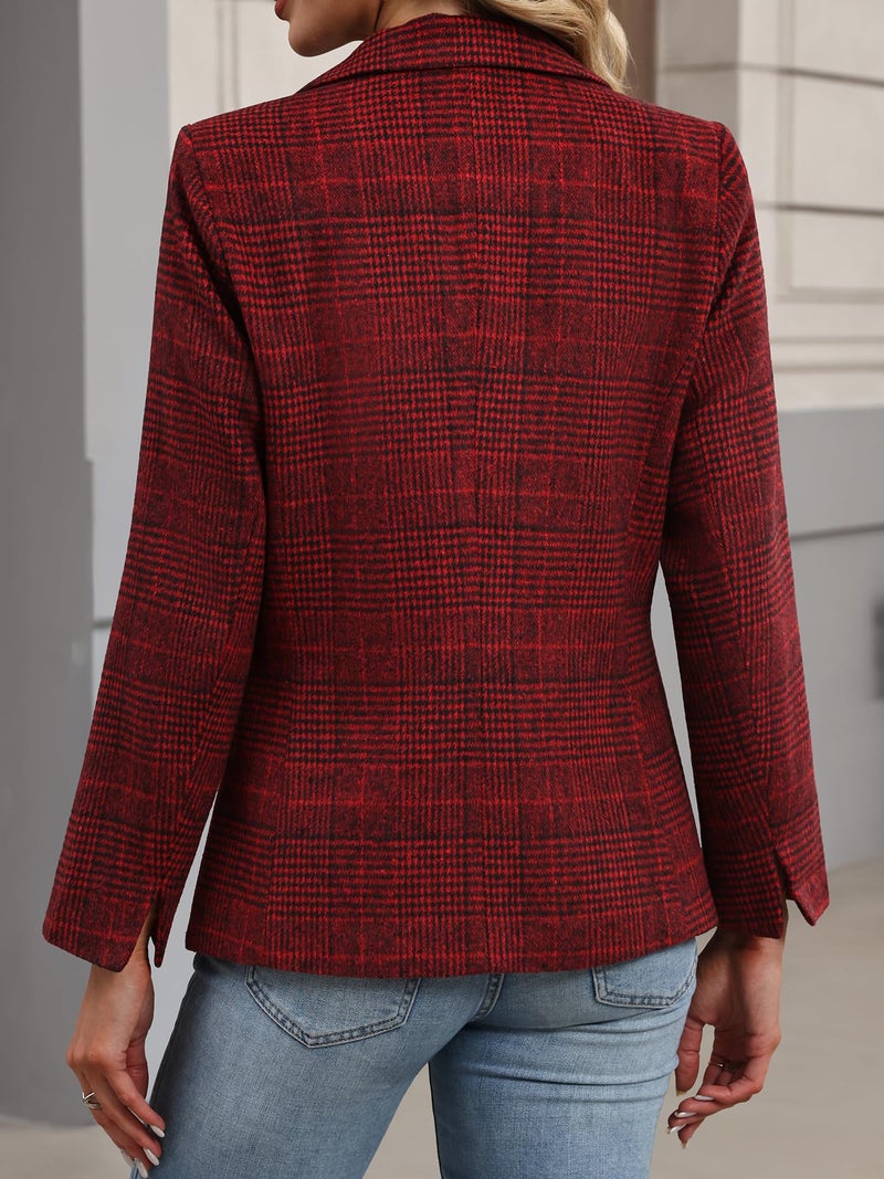 ELLEVEN Womens Casual Plaid Blazer Lapel Collar Double Button Long Sleeve Boyfriend Blazer Suit Houndstooth Plaid Blazer Jacket Business Work Office Blazer Suits Red Plaid XX-Large - Image 2