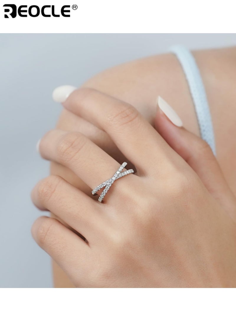 REOCLE Women's Cross-Over Band Ring Stone-Set Ring Dual Strand Intertwined Design with Continuous Detailed Accents for Modern Luminous Elegant Styling - Image 1