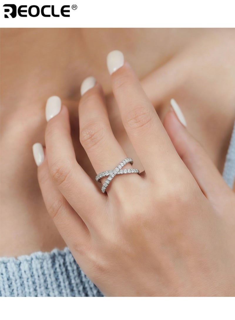REOCLE Women's Cross-Over Band Ring Stone-Set Ring Dual Strand Intertwined Design with Continuous Detailed Accents for Modern Luminous Elegant Styling - Image 3