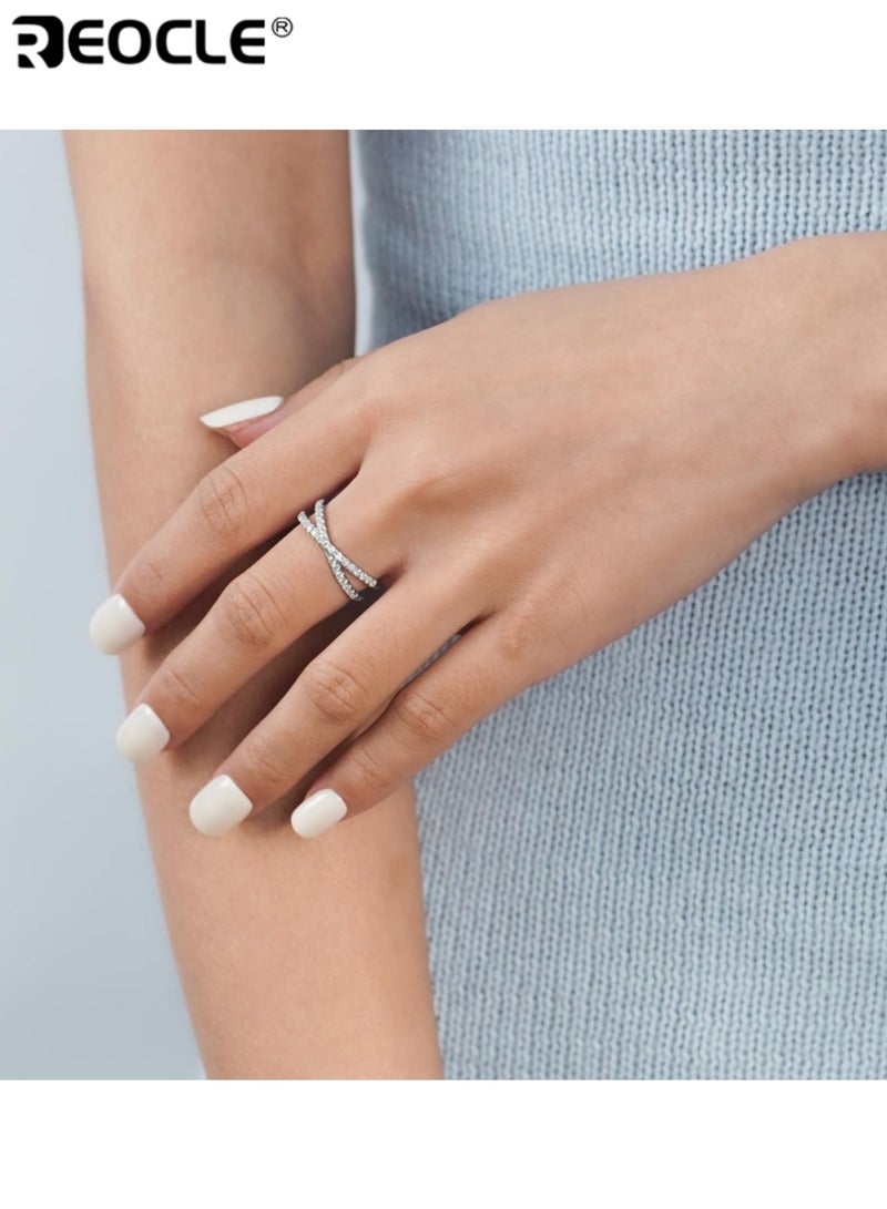 REOCLE Women's Cross-Over Band Ring Stone-Set Ring Dual Strand Intertwined Design with Continuous Detailed Accents for Modern Luminous Elegant Styling - Image 4