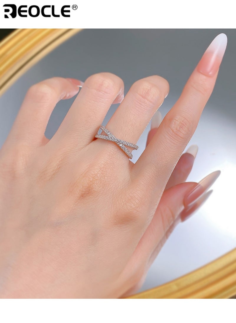 REOCLE Women's Cross-Over Band Ring Stone-Set Ring Dual Strand Intertwined Design with Continuous Detailed Accents for Modern Luminous Elegant Styling - Image 2
