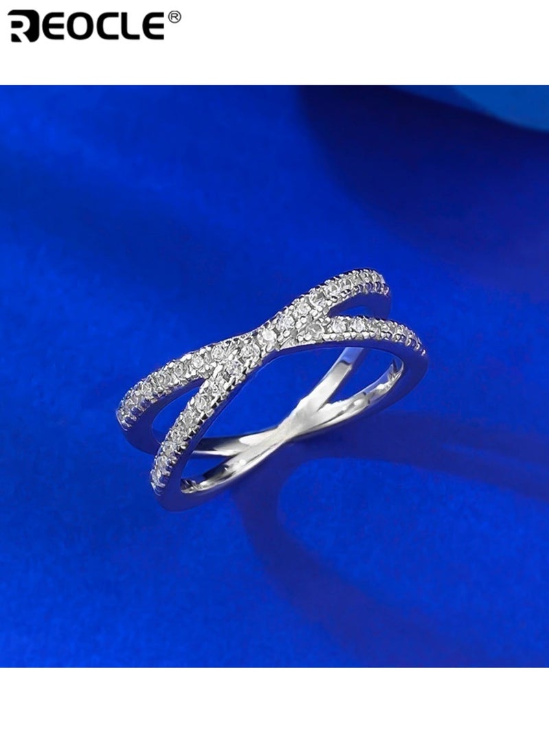 REOCLE Women's Cross-Over Band Ring Stone-Set Ring Dual Strand Intertwined Design with Continuous Detailed Accents for Modern Luminous Elegant Styling - Image 5