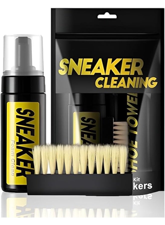 منظف رغوي خالٍ من الماء للأحذية البيضاء والأحذية الرياضية مع فرشاة وفوطة  مجموعة تنظيف الأحذية الكل في واحد لتنظيف مختلف أنواع الأحذية الرياضية والشبكية والبيضاء - Image 1
