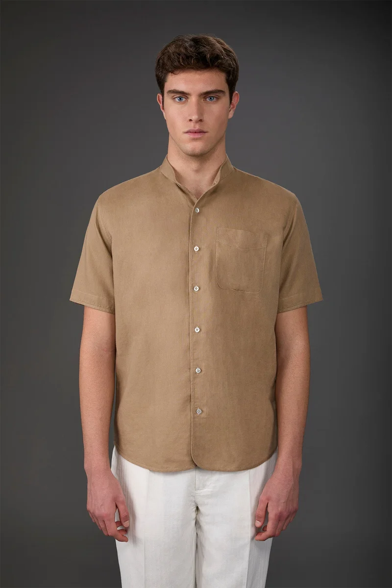 Casual men's shirt with mandarin collar, washed linen and cotton fabric - Beige