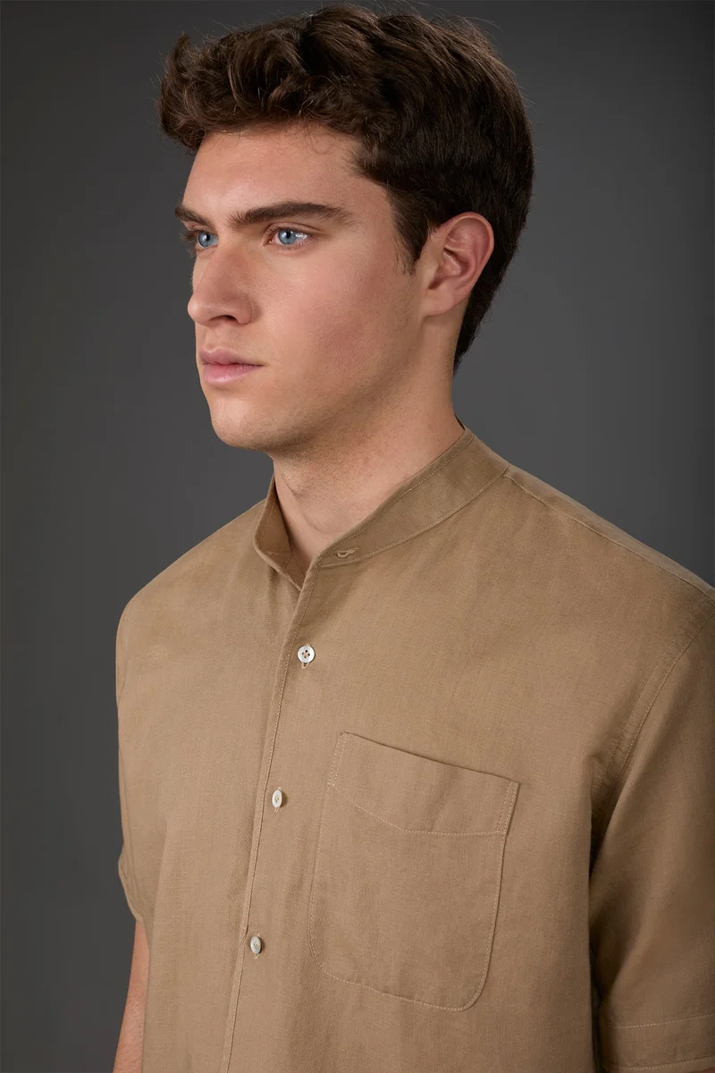 Doppelganger Beige Casual men's shirt with mandarin collar, washed linen and cotton fabric - Beige for Men | Best Price UAE