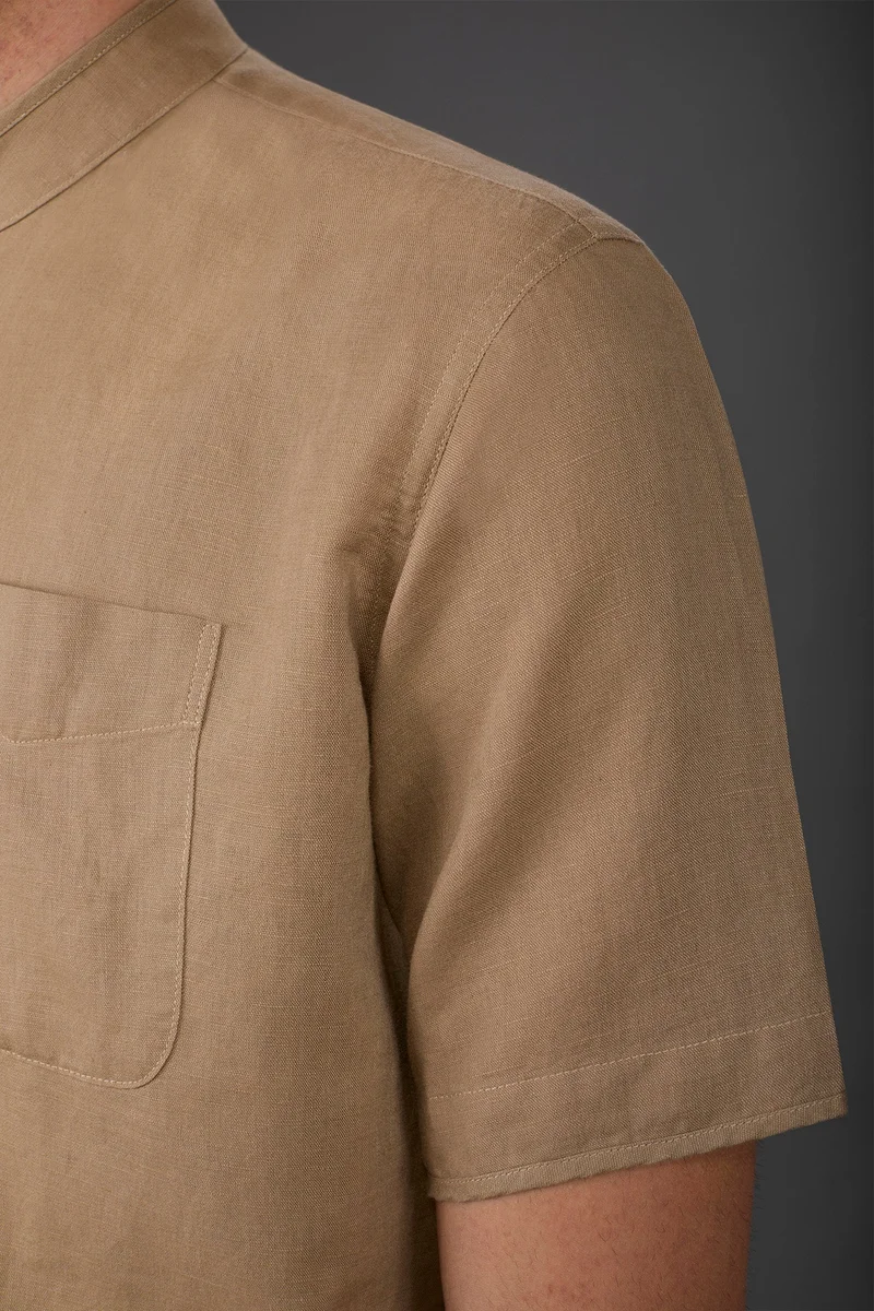 Doppelganger Beige Casual men's shirt with mandarin collar, washed linen and cotton fabric - Beige for Men | Best Price UAE