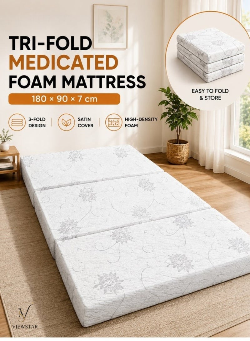 VIEW STAR Viewstar Foldable Mattress 180 × 90 × 7 cm, Tri-Fold Folding Medicated Foam Mattress, Portable Floor Mattress with Washable Satin Cover for Guest Bed, Camping & Travel - Image 1