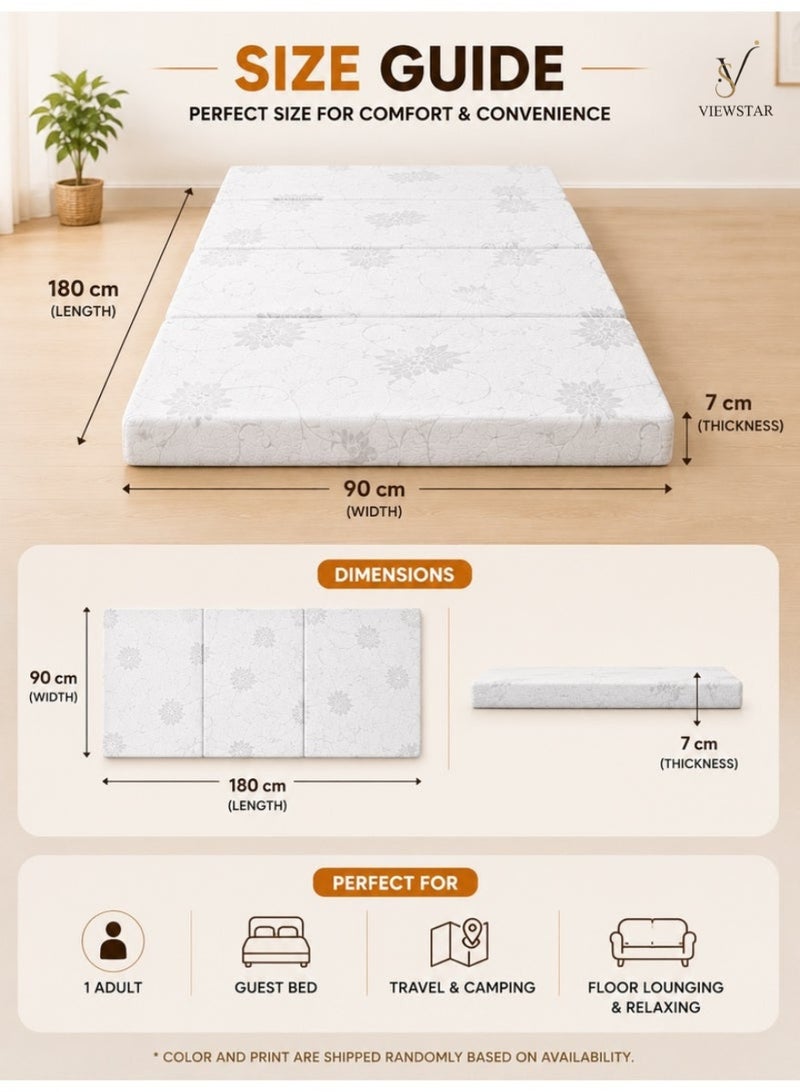 VIEW STAR Viewstar Foldable Mattress 180 × 90 × 7 cm, Tri-Fold Folding Medicated Foam Mattress, Portable Floor Mattress with Washable Satin Cover for Guest Bed, Camping & Travel - Image 2
