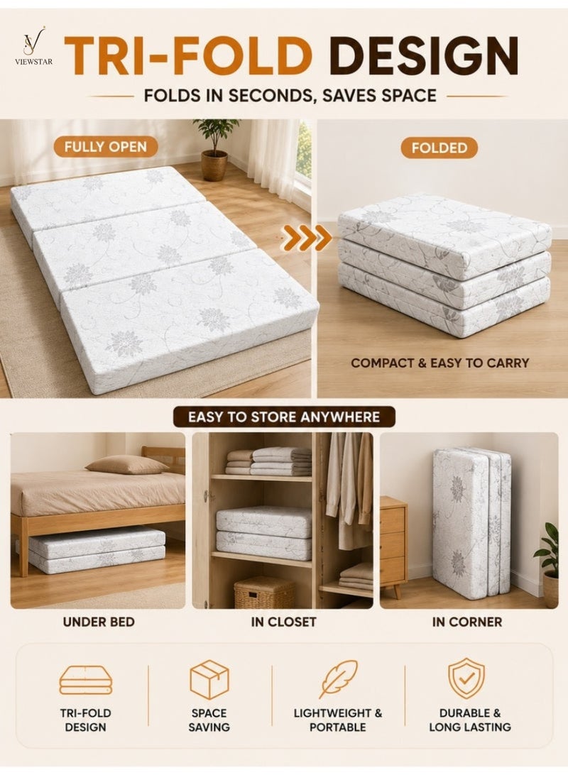 VIEW STAR Viewstar Foldable Mattress 180 × 90 × 7 cm, Tri-Fold Folding Medicated Foam Mattress, Portable Floor Mattress with Washable Satin Cover for Guest Bed, Camping & Travel - Image 5