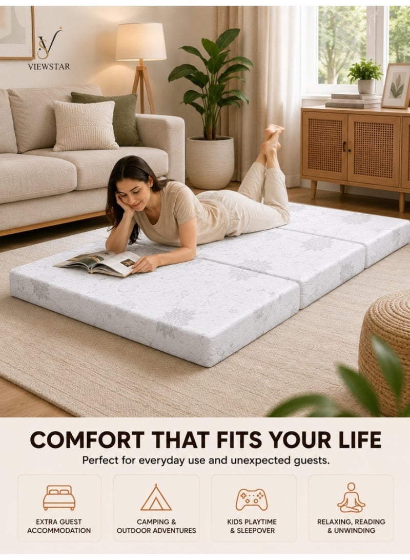 VIEW STAR Viewstar Foldable Mattress 180 × 90 × 7 cm, Tri-Fold Folding Medicated Foam Mattress, Portable Floor Mattress with Washable Satin Cover for Guest Bed, Camping & Travel - Image 4