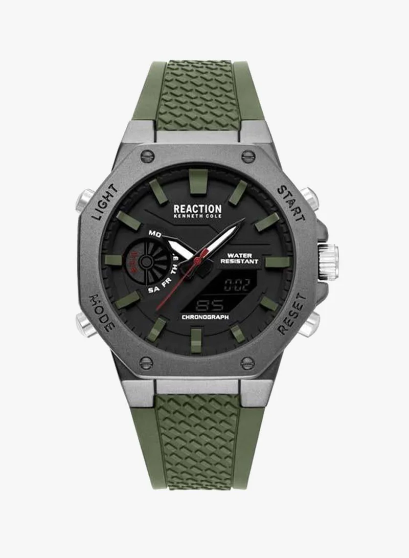 كينيث كول ريأكشن Black Dial Green Silicone Strap Analog-digital Watch for Men, 46mm