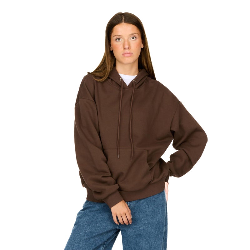 Forever 21 Women's Oversized Fleece Hoodie â€“ Cozy Pullover Sweatshirt with Kangaroo Pocket and Drawstring Hood, Soft Cotton Blend for Loungewear, Streetwear & Casual Comfort, Brown, Small - Image 1