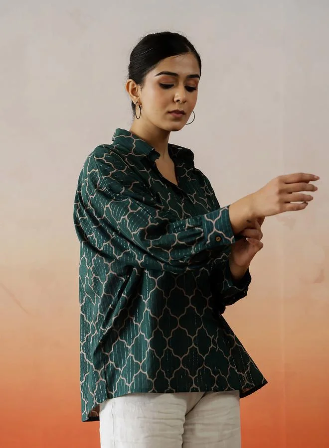 سانسكريتي هومز Printed Buttoned Cotton Top by Styli