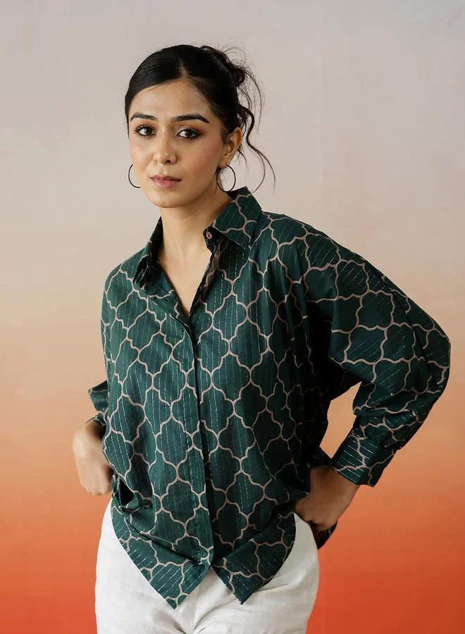 سانسكريتي هومز Printed Buttoned Cotton Top by Styli