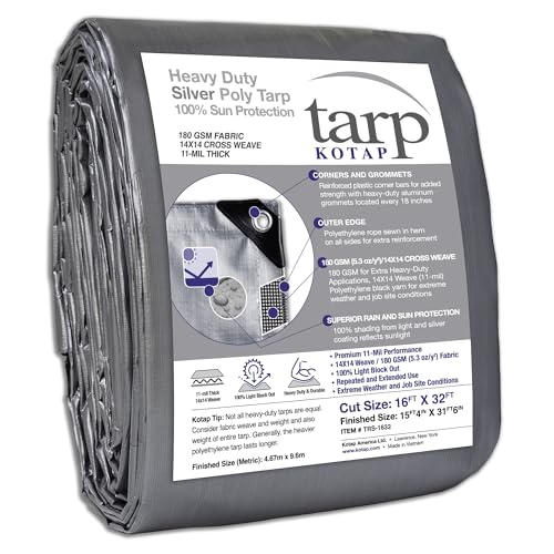 Kotap غطاء كوتاب 16 × 32 قدم. حماية/تغطية ثقيلة، نسج متفوق لطول العمر، 10 ميل متعدد الاستخدامات، مقاوم للماء، TRS-1632، فضي (عبوة واحدة) - Image 1