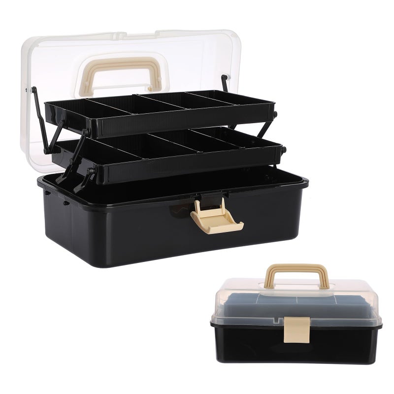 BTSKY 3-Layer Plastic Dividing Storage Box Craft Organizer with Adjustable Spacers Portable Handled Art Supply Organizer Multipurpose Home Utility Box for Sewing (Black+Beige) - Image 1